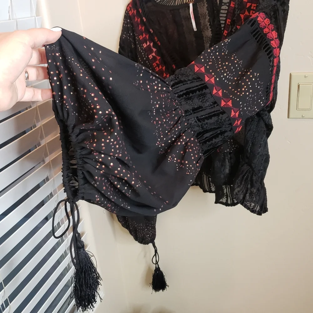 Free People embroidery and lace bell sleeve crop blouse, black and red, XS
